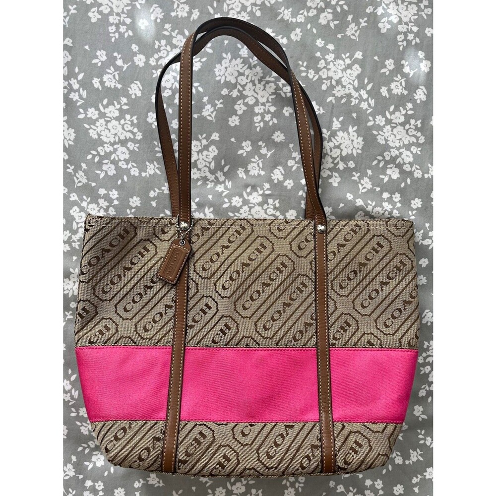 COACH F12252 Lozenge Canvas Leather Stripe Zip Tote Shoulder Bag Pink Khaki